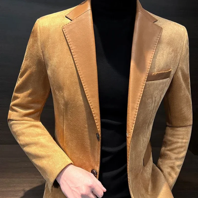 Wiosna Jesień Moda Długi rękaw Wywijany kołnierz Patchwork Solidne marynarki ze skóry jelenia Odzież męska Koreańskie kieszenie Topy z guzikami