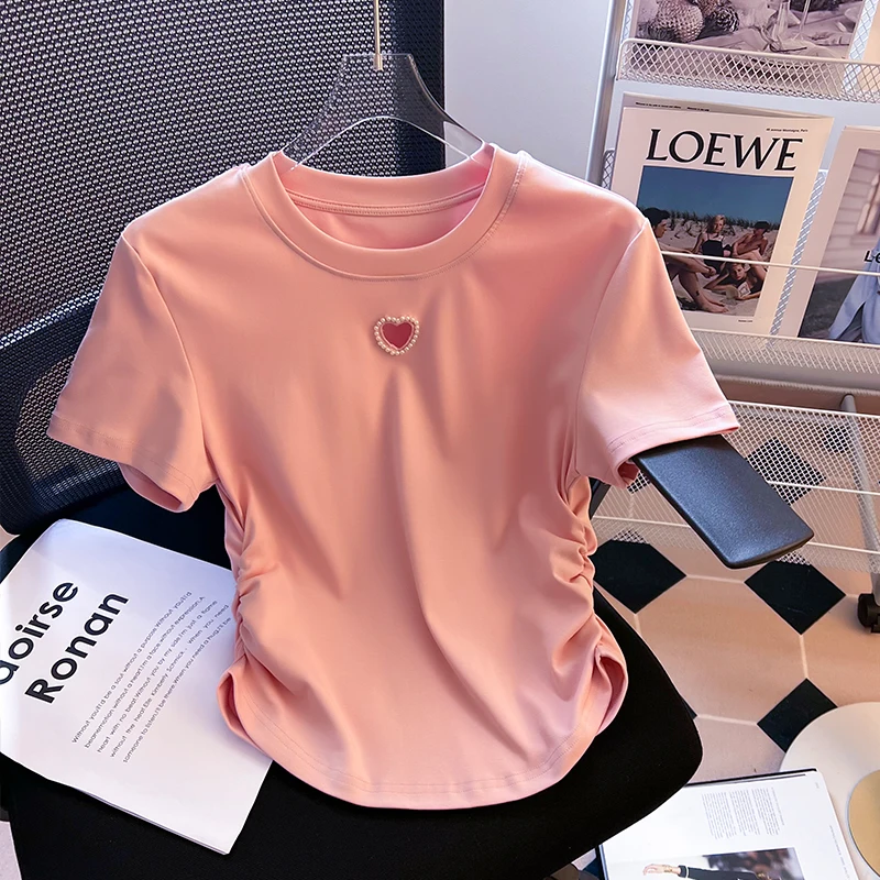 Chic Design Women Short Sleeve T-shirts Summer New O-neck Heart Hollow Out Tees Solid Simple Ladies Pleated Pullover Tops