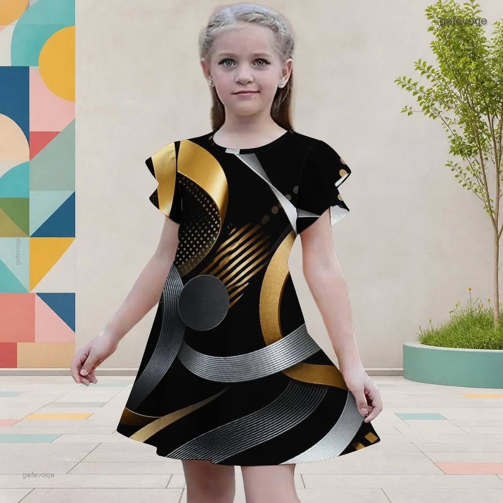 Summer Graphic Print Girls Dress Girls O Neck Modern Children Clothing Daily Casual Wear