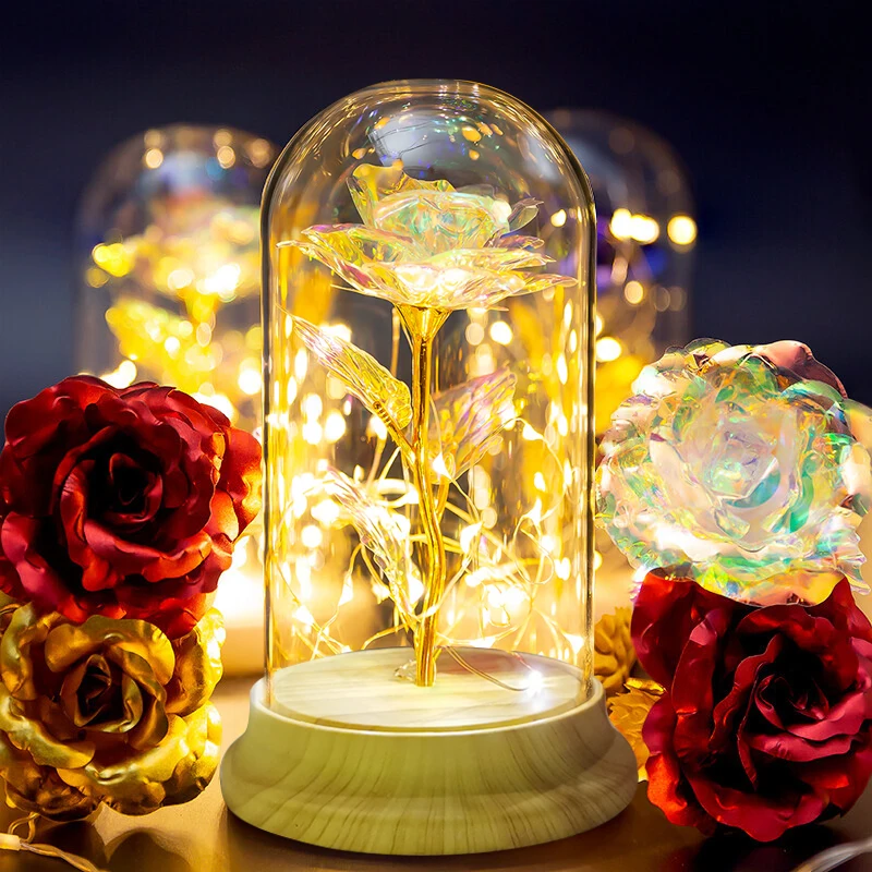 LED Flower Night Light Golden Rose Leaf Flower PVC Cover Lamp for Christmas Romantic Valentine\'s Mother\'s Day Birthday Gift