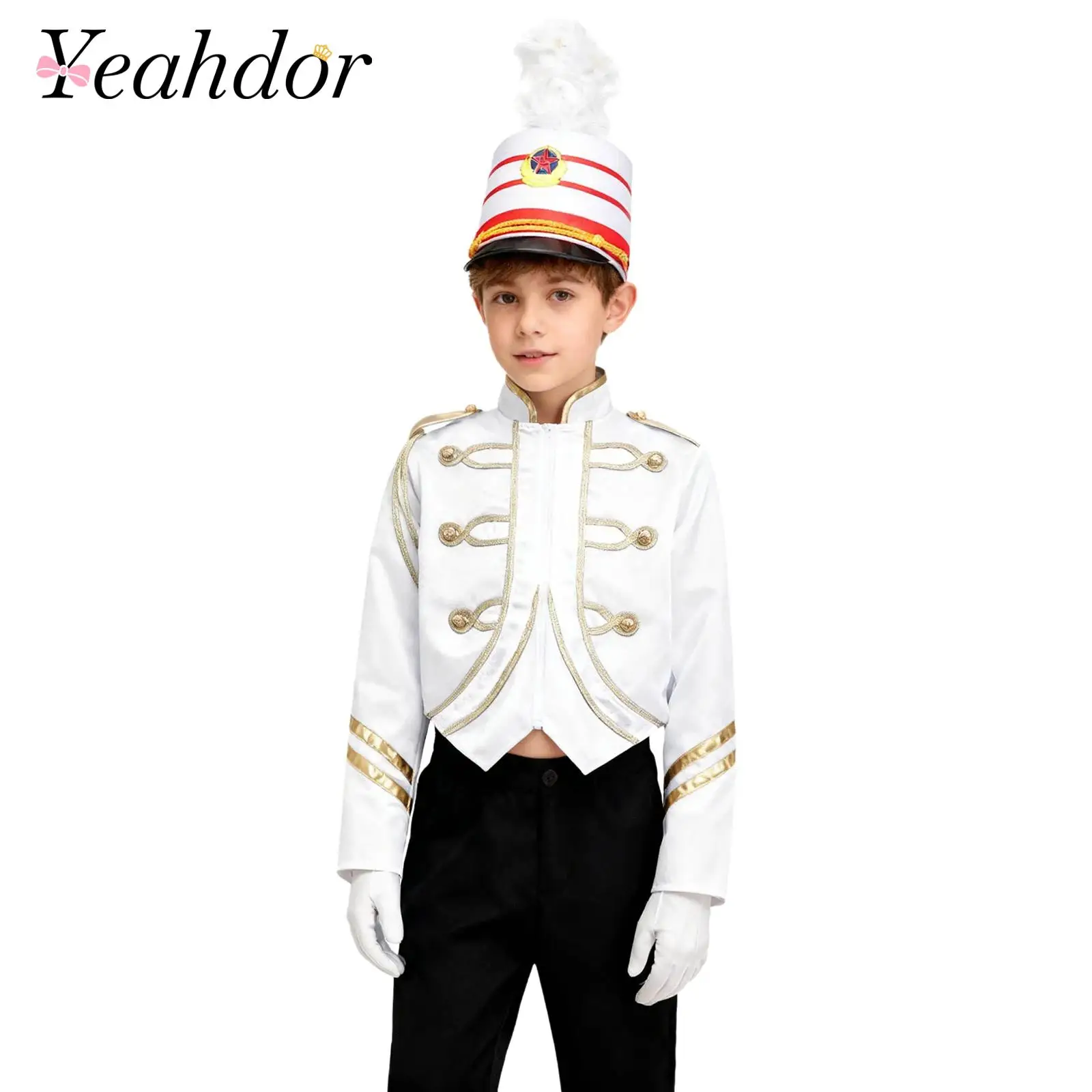Kids Boys 3 Pieces Trumpet Honor Guard Team Circus Uniform Jacket Coat with Feathered Ceremonial Hat Gloves Cosplay Outfit Set