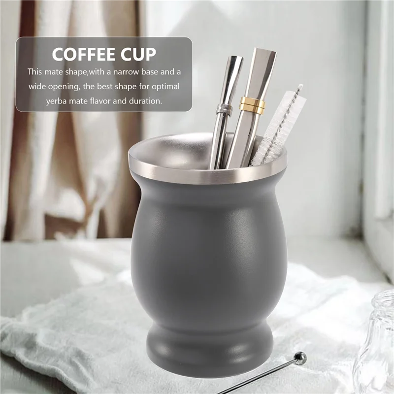 

2X Double-Wall Stainless Yerba Mate Gourd Tea Cup Set Coffee Water Cup With 2 Bombillas Straws Spoon&Clean Brush 8Oz