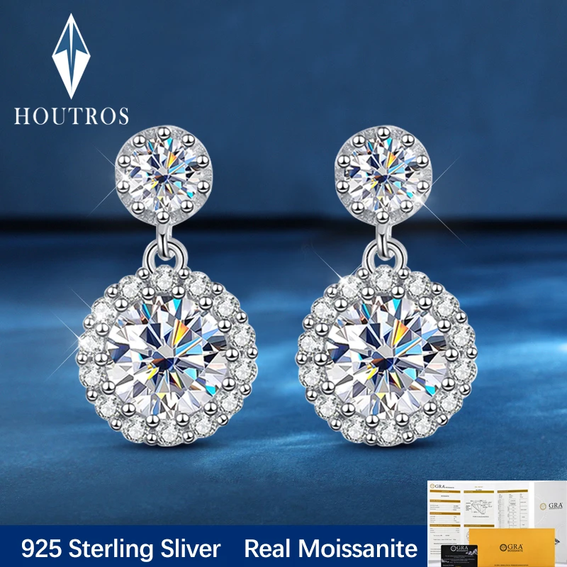 

Houtros 2CTTW Moissanite Round Drop Earrings for Women 925 Sterling Silver Wedding Party Diamond Stud Earring Luxury Jewelry GRA