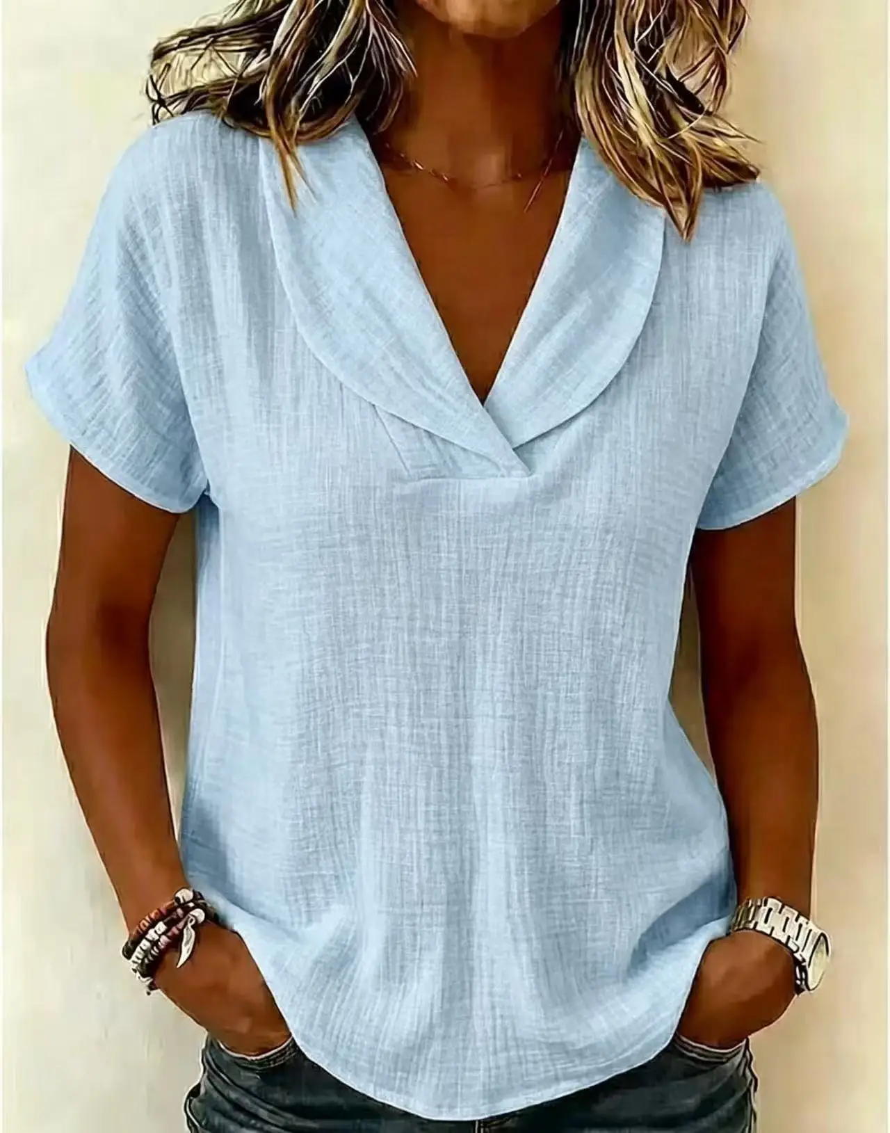 2026 Neues Sommer-Damen-Strickoberteil in Unifarbe mit Kurzarm, Schleifenkragen, Lässiges Damen-T-Shirt für Europäische & Amerikanische Märkte – Detail 11