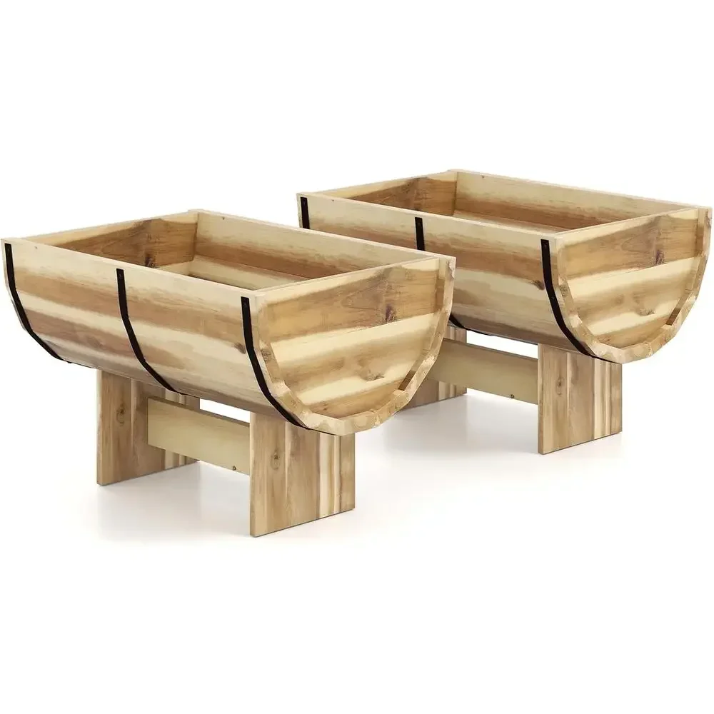 2-Piece Acacia Wood Raised Garden Beds, Barrel-Style Planter Boxes with Legs, Drainage and Metal Bands, Rustic Decorative Elevat