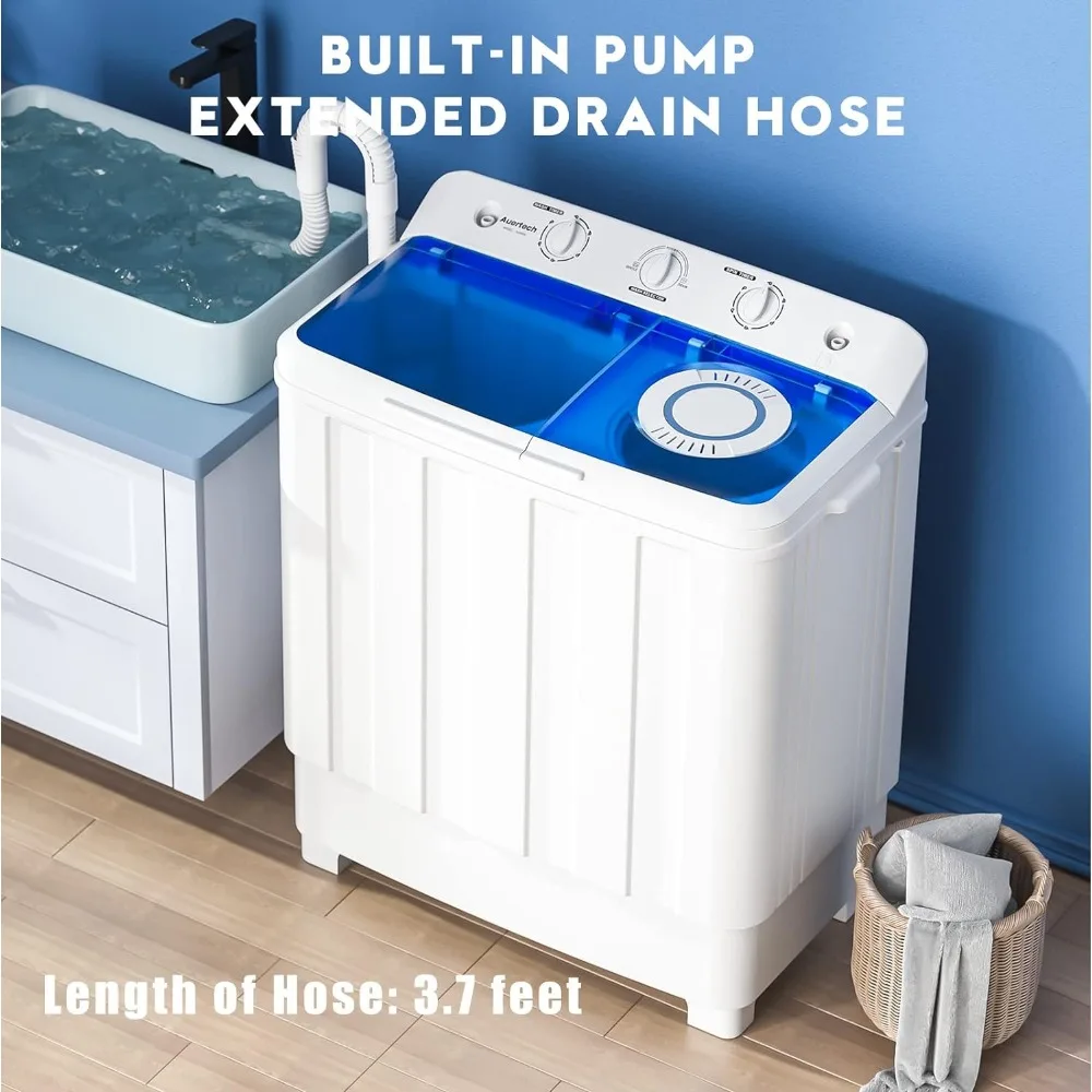 Washing Machine, Twin Tub Mini Compact Laundry Machine with Drain Pump, Semi-automatic 10lbs Spinner Combo, Washing Machine