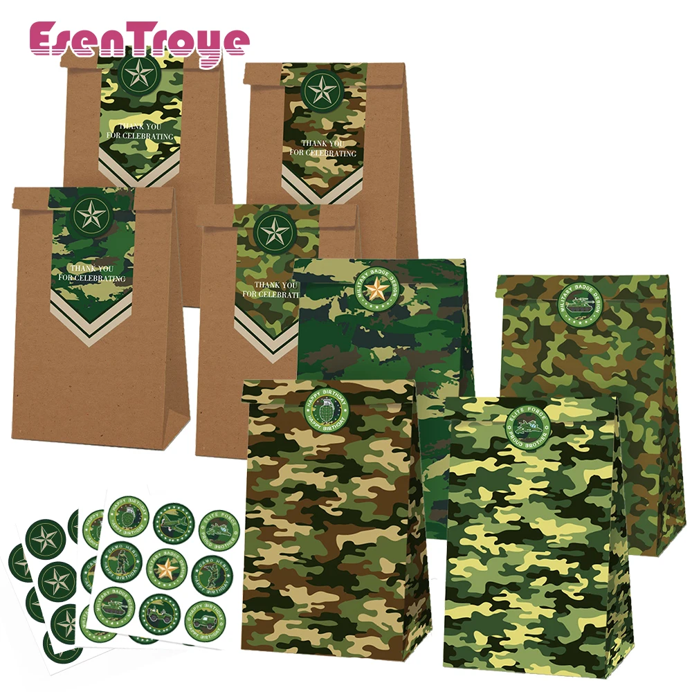 Camouflage Party Paper Favor Bags Boys Military Camo Army Birthday Gift Candy Bag Cake Decor Tank Plane Toy Baby Shower Supplies