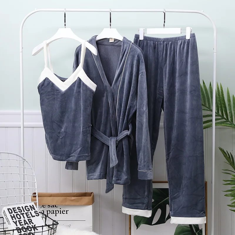 

Female Sleepwear Pink Sweet Trouser Suits Autumn Winter Island Velvet 3Pcs Pajamas Set Loose Warm Home Clothes Lounge Wear