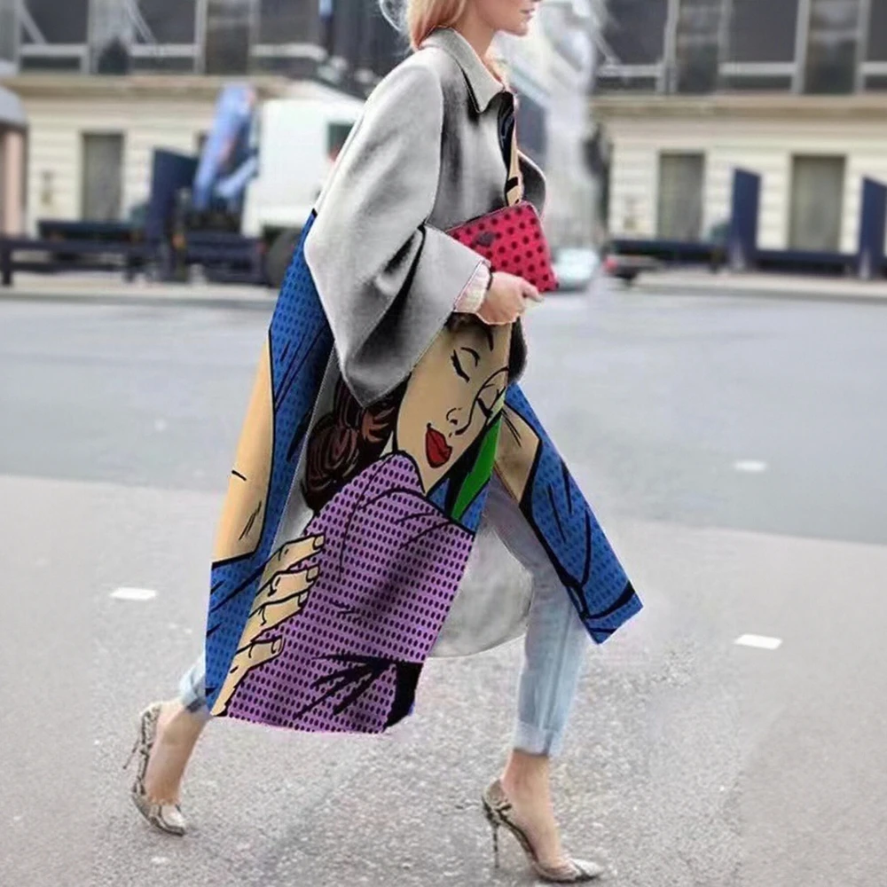 

Женские пальто 2025 года, осенне-зимние модные отпускные пальто с длинными рукавами и лацканами с мультяшным принтом и открытой передней частью