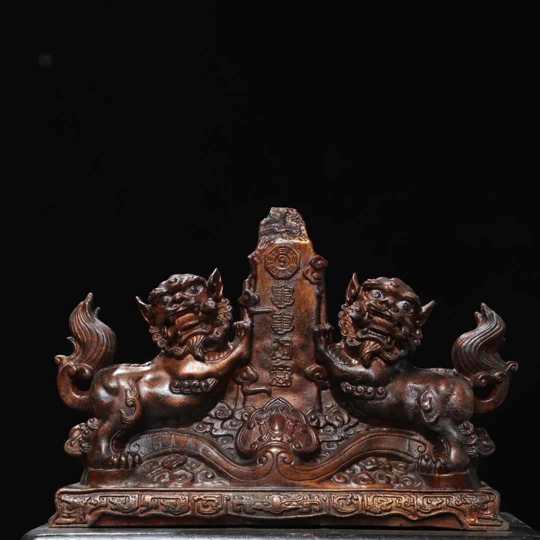 Old Bronze Cinnabar Gilded lion statue Shi Gandang Everything goes well Amass wealth Ornaments Town house