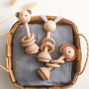 Holzrasseln Cartoon Tier Beißring 0-12 Monate Baby Spielzeug Hase Löwe Bär Baby Beruhigende Rassel Spielzeug Baby Zubehör Geschenk Spielzeug
