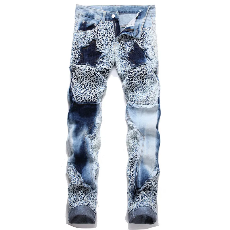 

Autumn Punk Blue Men's Jeans Atraight Tube Spiderweb Ripped Hip Hop Midwaist Clothing