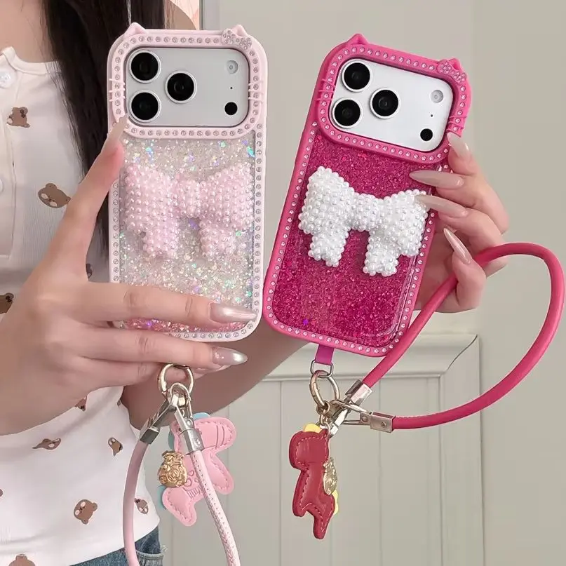 Coquette Sweet Pearl Bow Glitter Phone Case for 17 Pro Max Rhinestone Cat Ear Frame Pony Wrist Strap Cover for iPhone 16 15 14