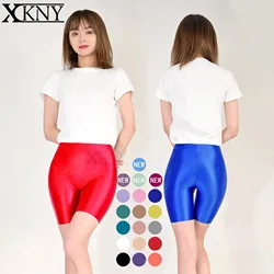 XClocKNYoung satin glossy Seamless front short tights oil glossy tretch pants  silk slim waist yoga swim shorts XClocKNYoung