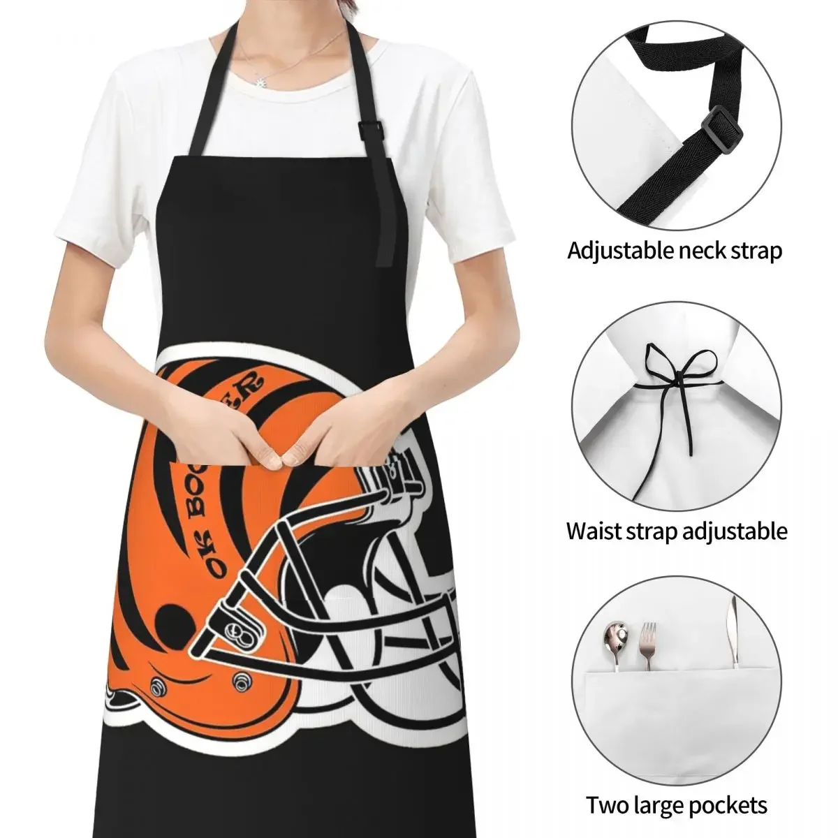 OK BOOMER - Cincinnati Bengals خوذة مريلة الشيف الطبخ الخبز Tablier مريلة مقاومة للماء تنظيف المطبخ بينافور للنساء والرجال #3