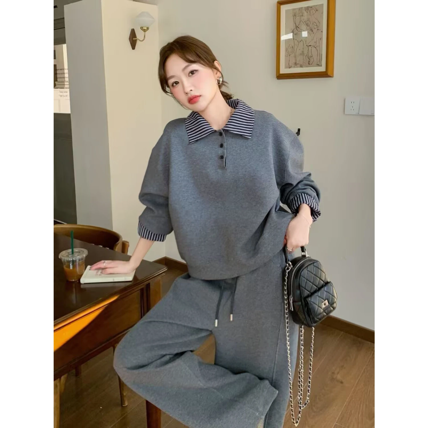 Loose Fit Cotton  Shirt And Pants Set Women's Casual Sportswear Diagonal Stripe Design Two Piece Set Autumn Season Fashion