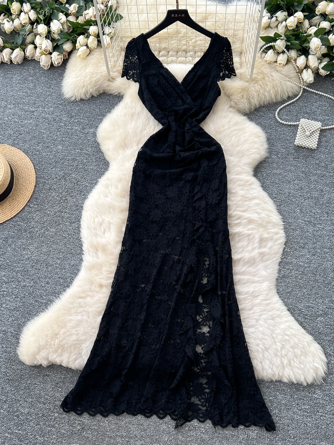 Été dentelle croix v-ne ort Sve femmes Dr taille haute fente a-ligne jupe coréenne Sle trajet Faion 8-24 ans