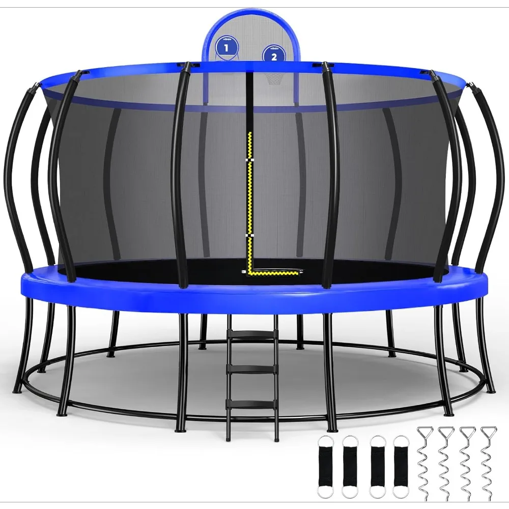 Double Frames Trampoline with No-Gap Design Curved PolesTrampolines for Kids with Enclosure Net Outdoor