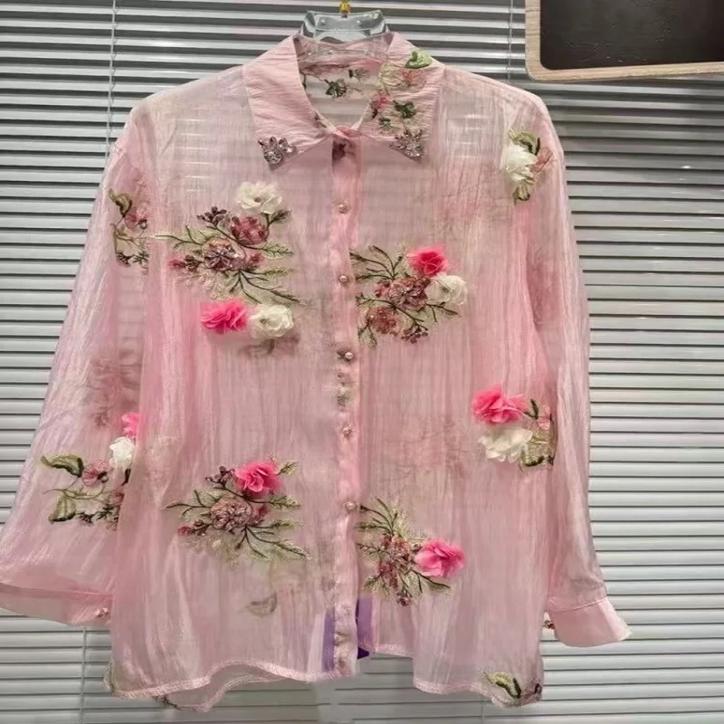 

Women's Luxury Summer Sparkle Diamonds Flowers Embroidery Party Shirts Blouses Lightweight Sheer Sunscreen Top Woman Clothes