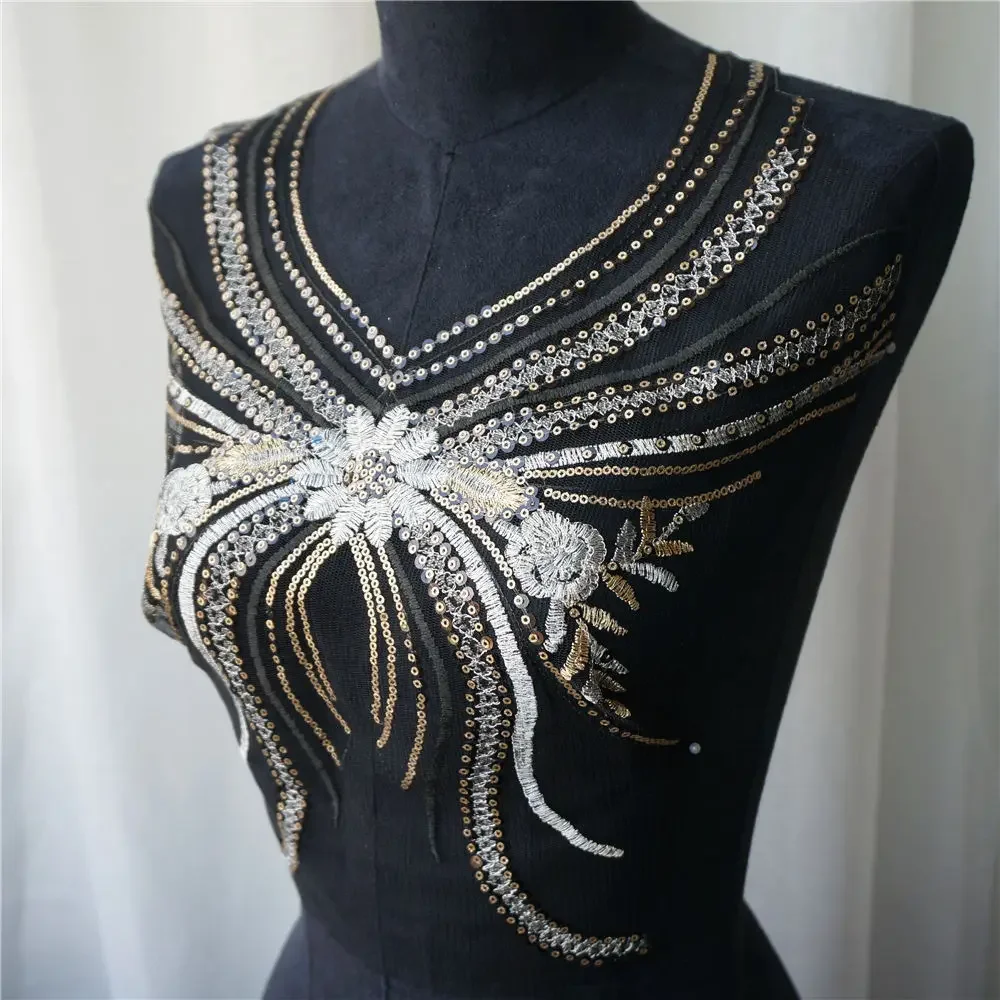 Silver Gold Sequin Tassel Black Lace Fabric Flower Collar Embroidered Gown Appliques Sew Patch For Wedding Decoration Dress DIY