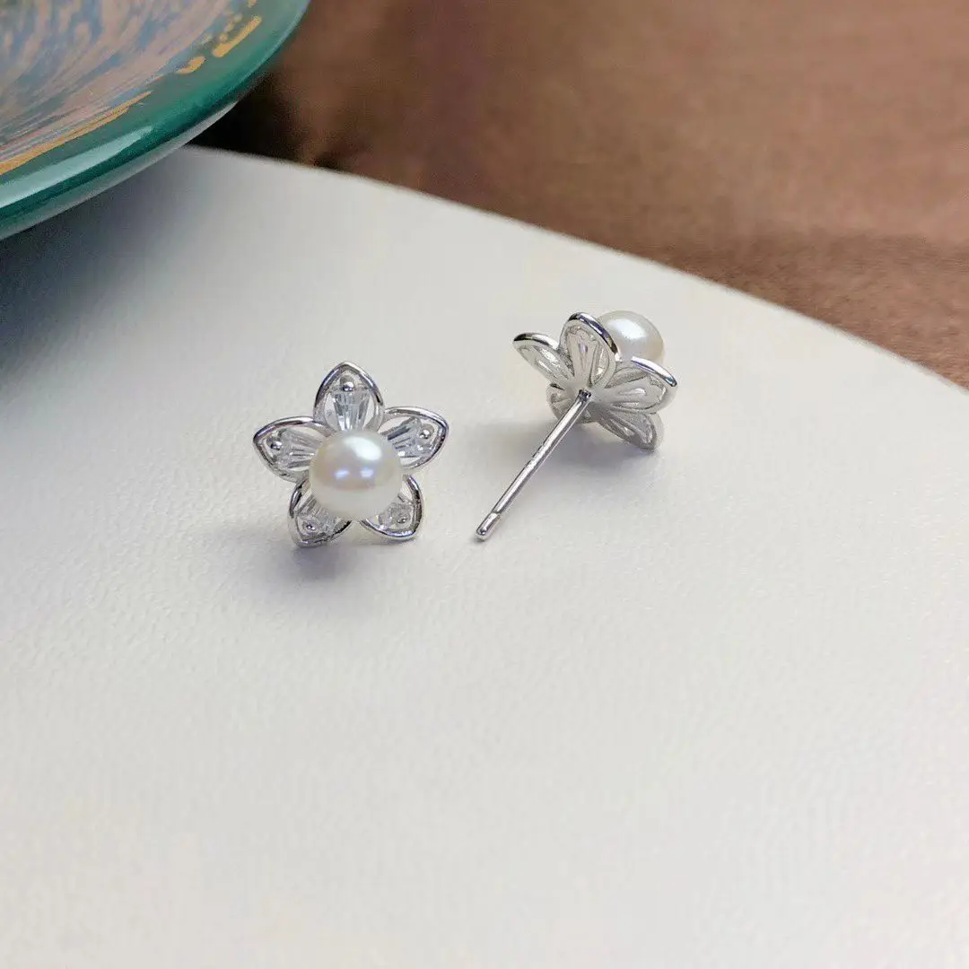 

Wholesale S925 Sterling Silver Earrings Mount Findings Settings Base Mounting Parts Accessory for 4-5mm Pearls 5 pairs/lot