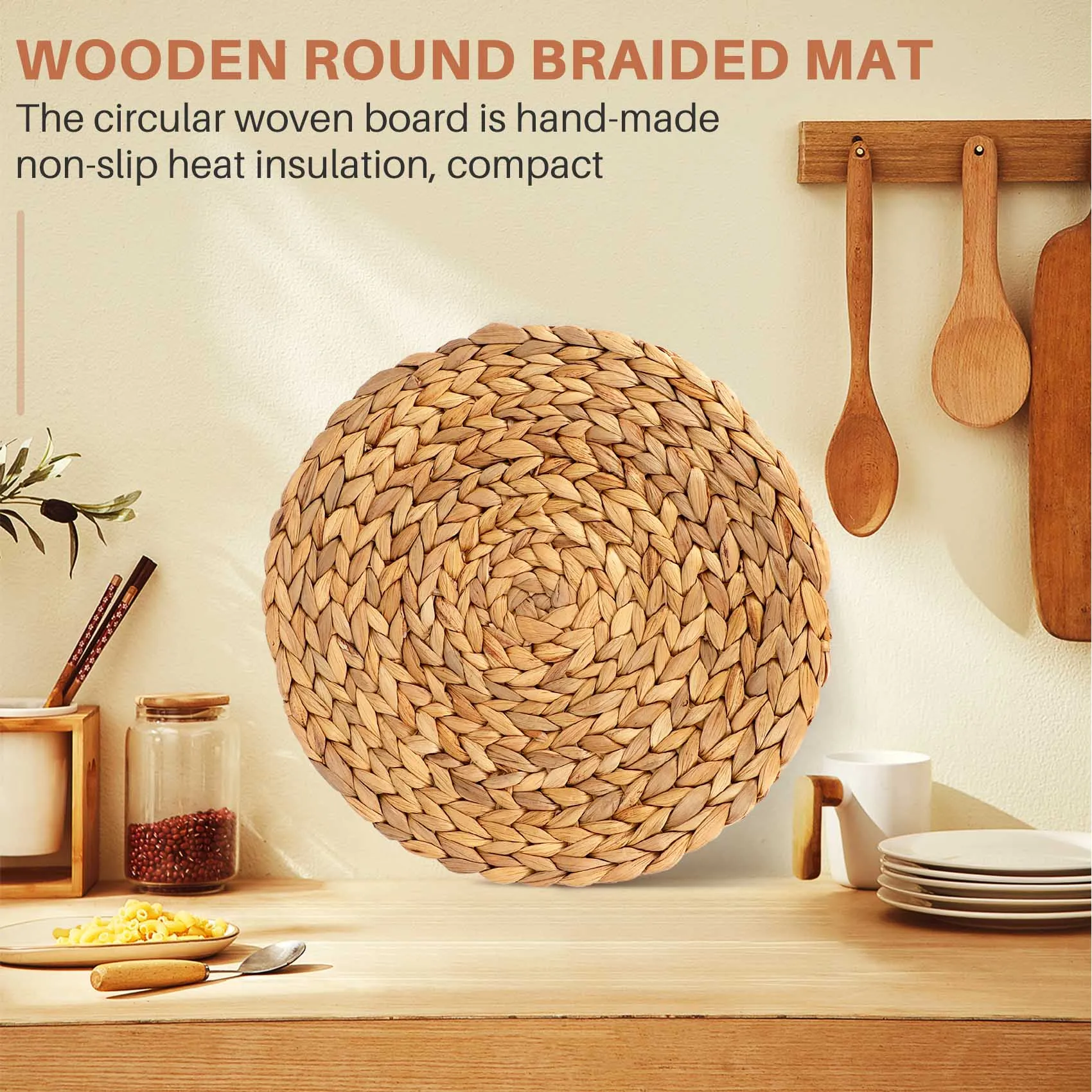 Round Woven Placemats, Water Hyacinth Woven Rattan Placemats Round Braided Rattan Tablemats Non-Slip Insulation Pads