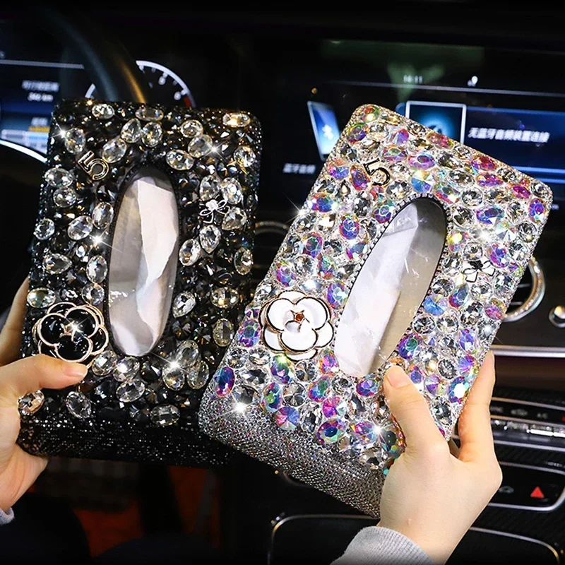 Car Tissue Box Paper Napkin Holder Car Diamond Tissue Pumping Paper Box Toilet Paper Towel Storage Box Home Decor Auto Accessory