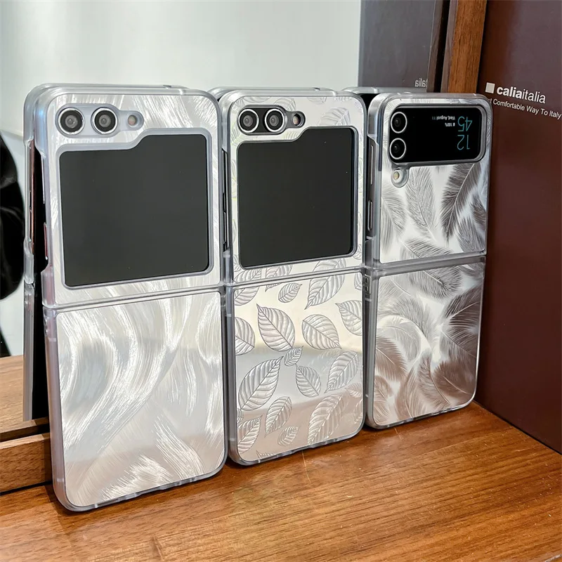 Casing ponsel daun berbulu perak untuk Samsung Galaxy Z Flip 3 Z Flip 4 Z Flip 5 casing pelindung belakang PC keras untuk ZFlip5