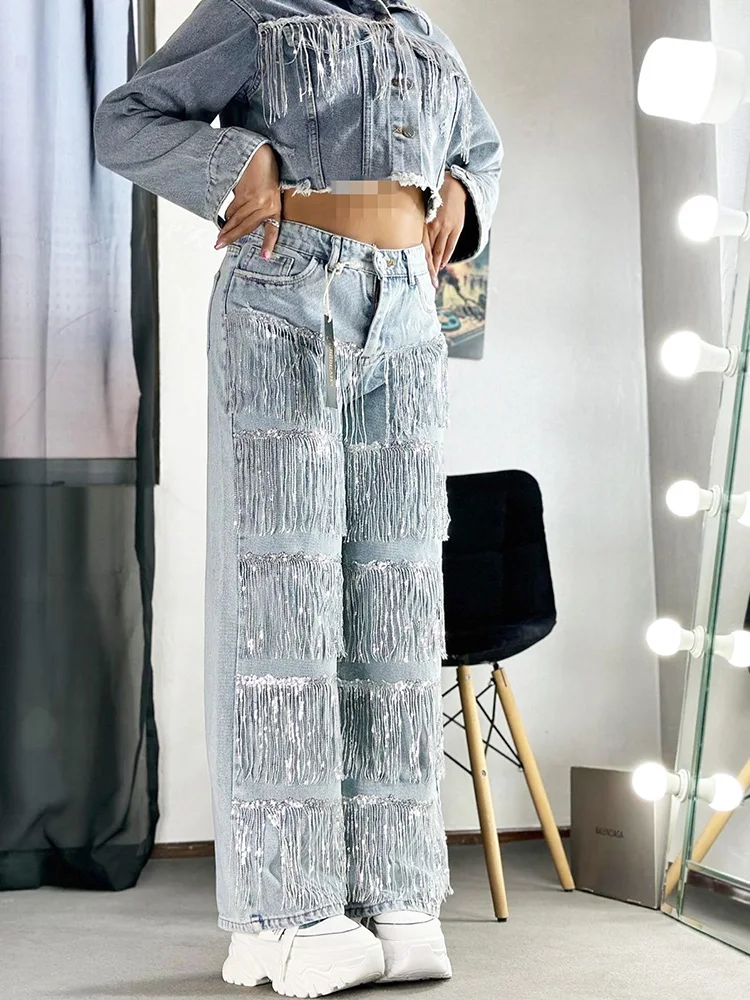 Fashion Woman Tassel Jeans American Street Shot Hot Item Sparkling Tassel Design Straight Tube High Street Sexy Style Blue Pants