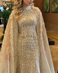 Dubai Design Evening Luxury Dress 2024 Cape Sleeves A Line Arabic Prom Dresses Abendkleider Heavy Crystals Beading Party Gowns