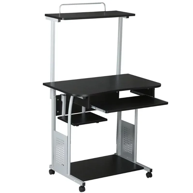 Metal Portable Computer Desk with 4 Storage Shelves and Keyboard Tray, Black/Gray