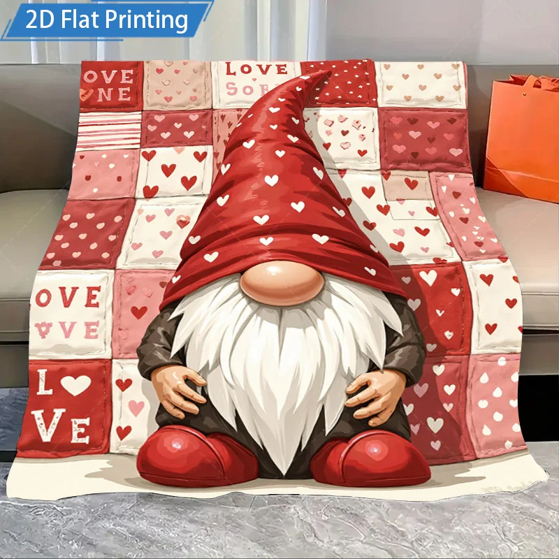 

1pc Flannel Blanket Cute Valentine Gnome Love Heart Pattern Blanket Cozy Soft Fleece Throw for Couch Bedroom Decor