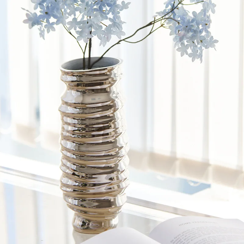 Luxury Aluminum Vase with Spiral Texture, Silver Shiny Floor Vase for Home Living Room Table Decor