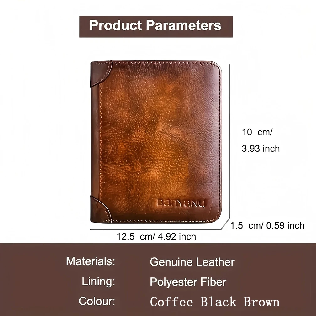 الرجال خمر محفظة جلدية حقيقية، RFID حجب المدمجة قصيرة ثلاثية الطي الطبقة العليا جلد البقر معرف حامل بطاقة الائتمان محفظة المال كليب #3