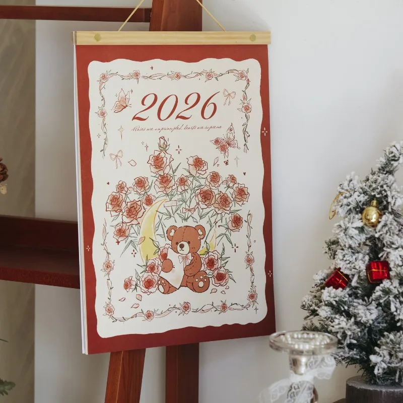 

2026 Rose Bear Calendar Living Room Office Wall Decoration -schedule New Year's Gift Display Props Wall Calendar