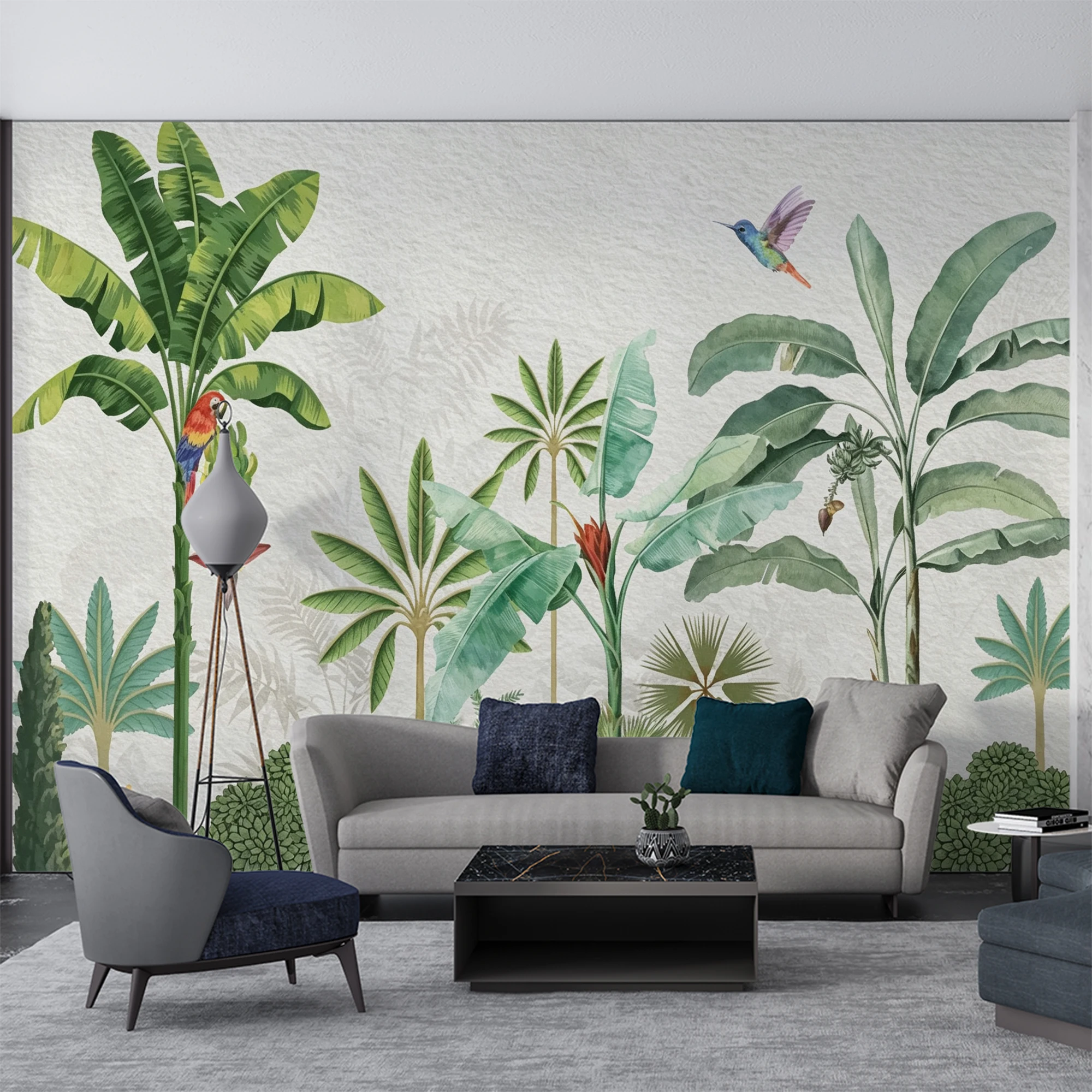 Custom Watercolor Tropical Jungle Mural Wallpaper Banana Palm Tree Parrot Hummingbird Bird Wall Paper for Living Room Decor