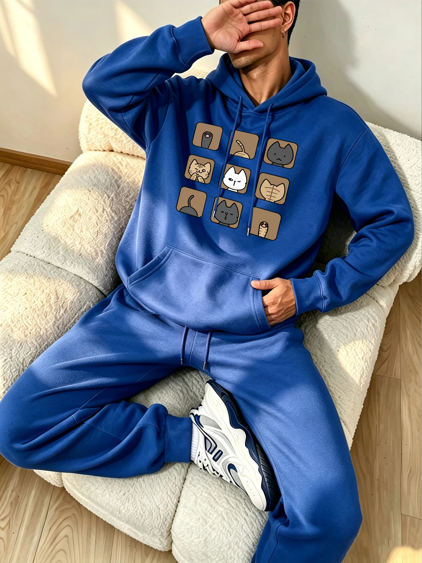 Nine Space Cartoon Cat Pattern Hoodie Set Men Fleece Autumn Jogging Sweatpants All-Match Pocket Pants Sport Comfortable Clothing