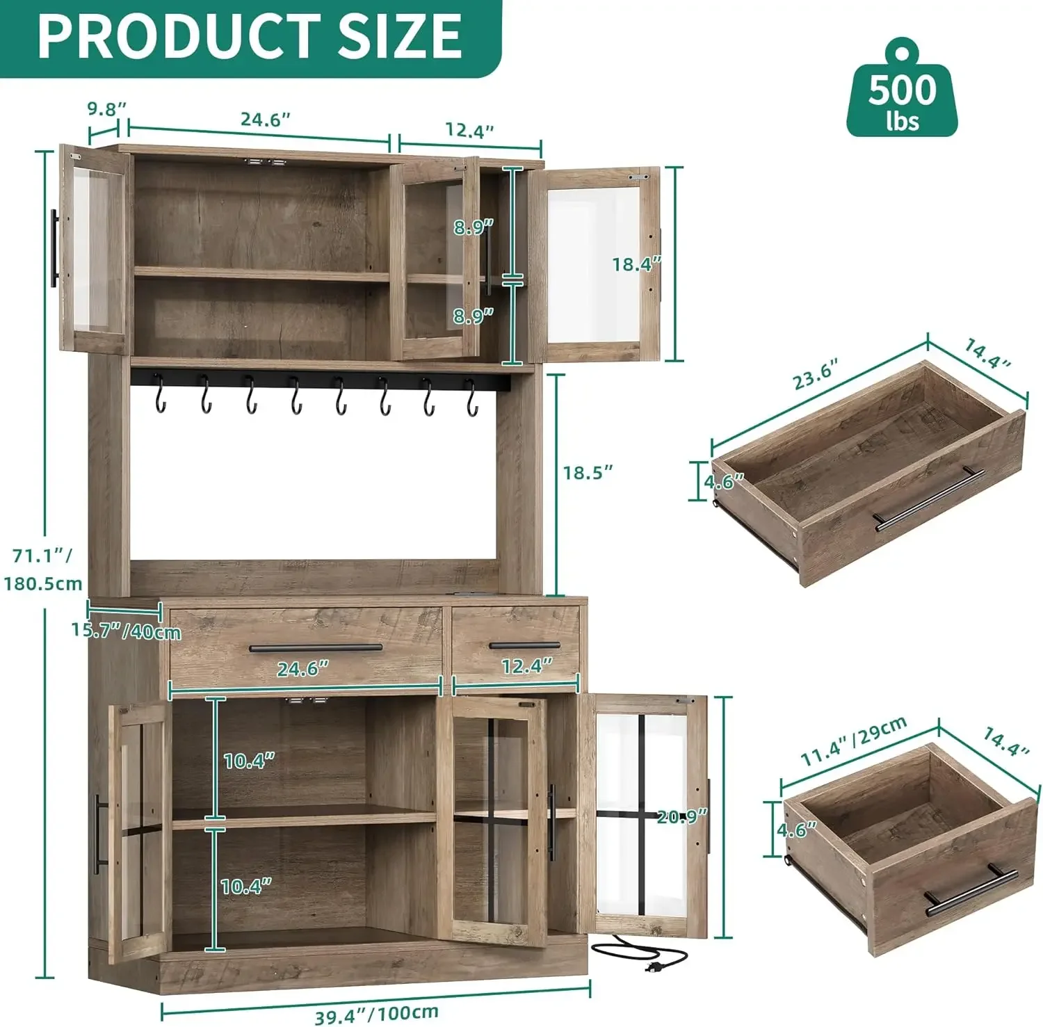 71" Farmhouse Kitchen Pantry Storage Cabinet with Power Outlet, Freestanding Hutch Cabinet