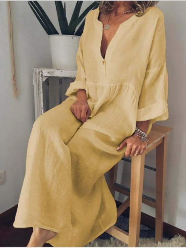 Loose Cotton Linen Women's Long Skirt Spring New Korean Version Loose Casual Solid Color Long Sleeved Button Up Dress