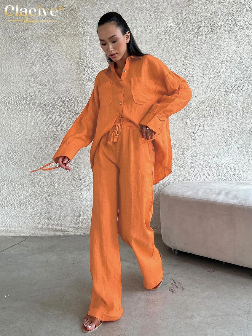 ชุดเซ็ทลำลองผ้าฝ้ายสีส้มทรงหลวมสำหรับผู้หญิง Clacive รุ่นปี 2025 เสื้อแขนยาวหรูหราพร้อมกางเกงขายาวเอวสูงทรงกว้าง