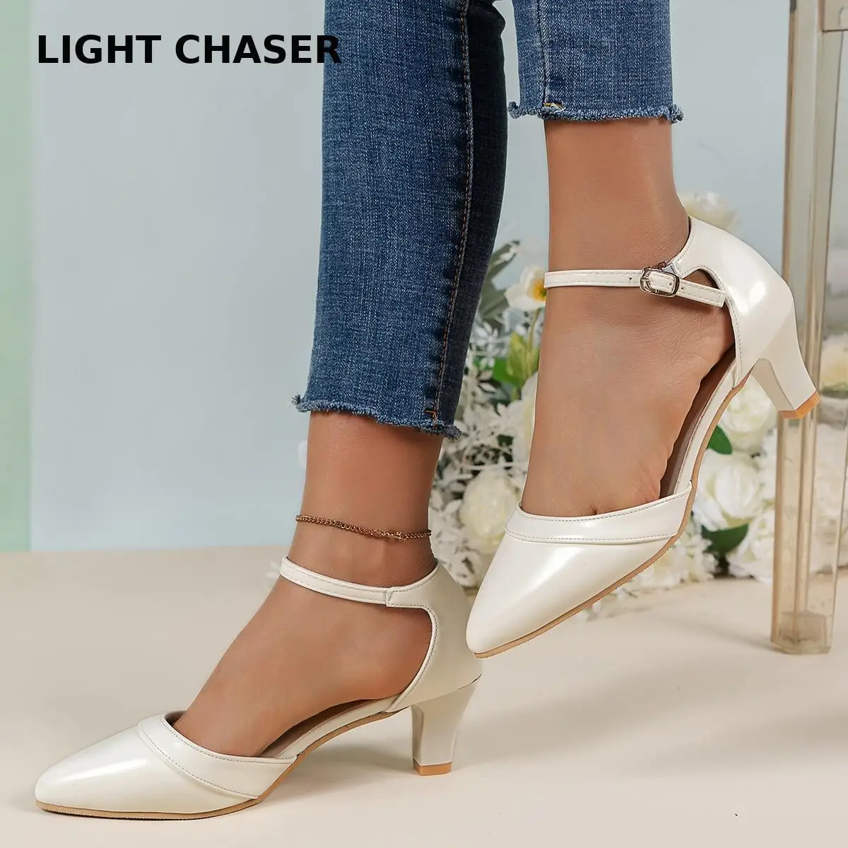 Spring Autumn Pointed Thick Heel Hollow Single Shoes Women's New Summer Bag With A Word Buckle Large Size Women's High Heels
