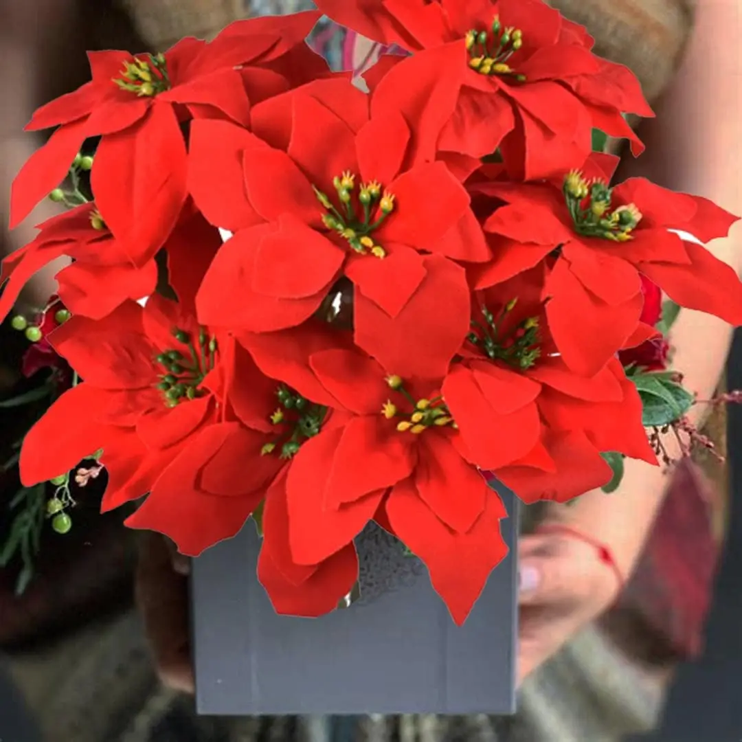 Artificial Poinsettia Bouquet Christmas Red Flowers Bouquet for Home Party Indoor Outdoor Xmas Tree Ornaments Navidad Decor