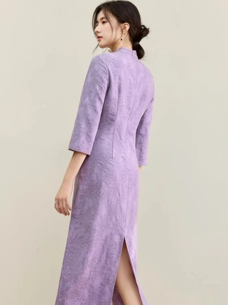 SENTUBILA Women's Elegant Stand Collar Dress 2025 Autumn New Chinese Style Frog Buttons Three Quarter Sleeve Dress Q53LI3773