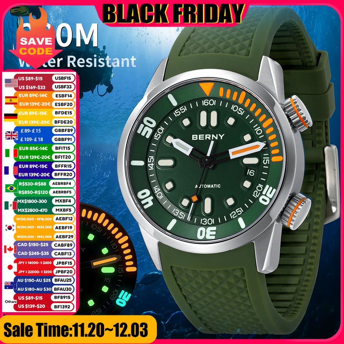 BERNY Automatic Dive Watch for Men Super Luminous Original Design 20ATM Man Wristwatch Sapphire Swim Sport Mechanical Male Watch