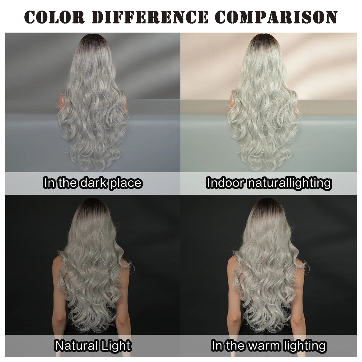 شعر مستعار طويل مموج باللون الفضي مع جذور داكنة، شعر مستعار صناعي عالي الكثافة من الجزء الأوسط مموج باللون الرمادي للنساء للاستخدام اليومي 29.52 بوصة #6