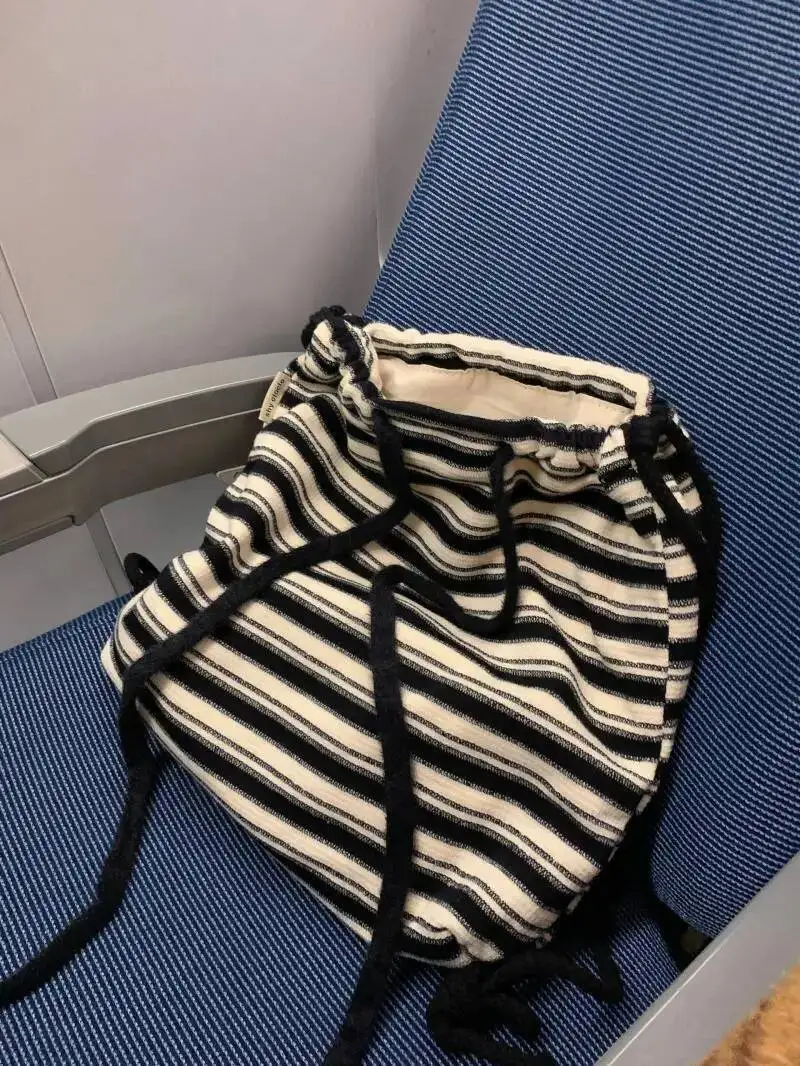 Bloom Haruku Striped Casual Mini Backpack Women Retro Drawstring Canvas Backpacks Ladies Vintage Portable Mochila Aesthetics