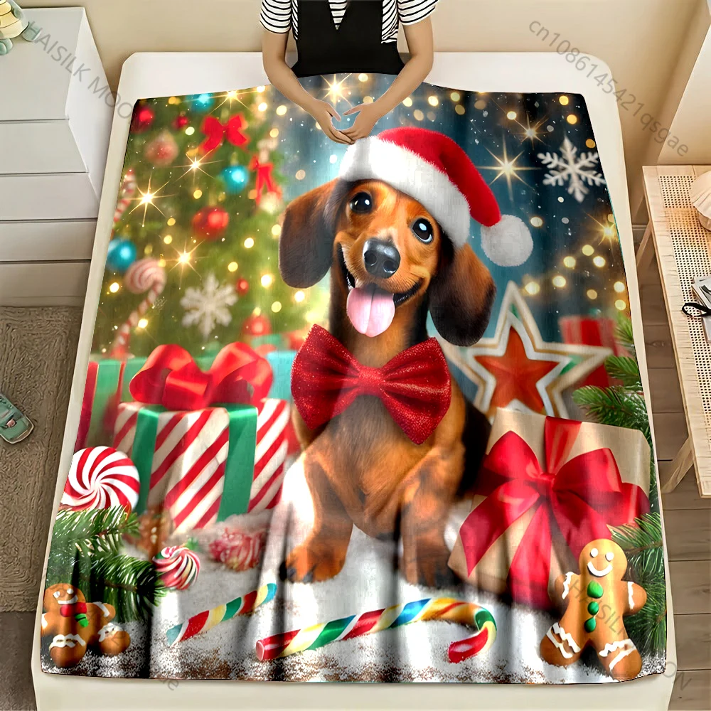 Multi-size Christmas-themed Dachshund Pattern Blanket Flannel Material Soft Warm for All Seasons Home Outdoor Camping Picnics RV