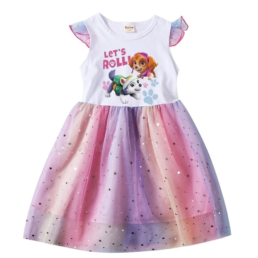 New Summer PAW PATROL Dress Baby Girls Princess Dresses Kids Cartoon Flying Sleeves Wedding Party Dress Pink White Sky Blue