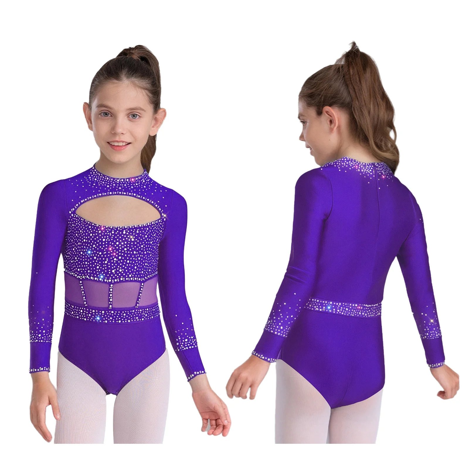 Kinderen Meisjes Gymnastiek Ballet Lyrische Dans Outfit Ronde Hals Lange Mouw Uitsparing Voorkant Glanzende Steentjes Turnpakje + Shorts + Hoofddeksels