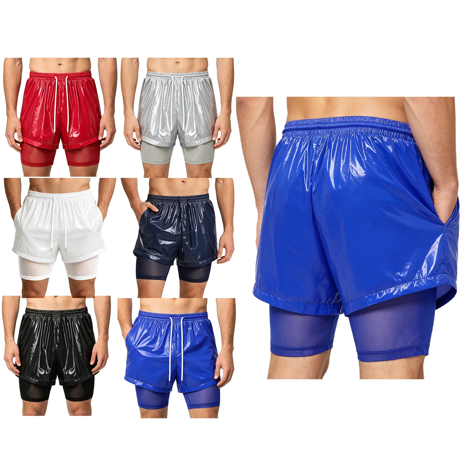 

Mens Waterproof Sport Shorts Wet Look Drawstring Elastic Waistband Side Pockets Double Layer Athletic Shorts with Mesh Lining